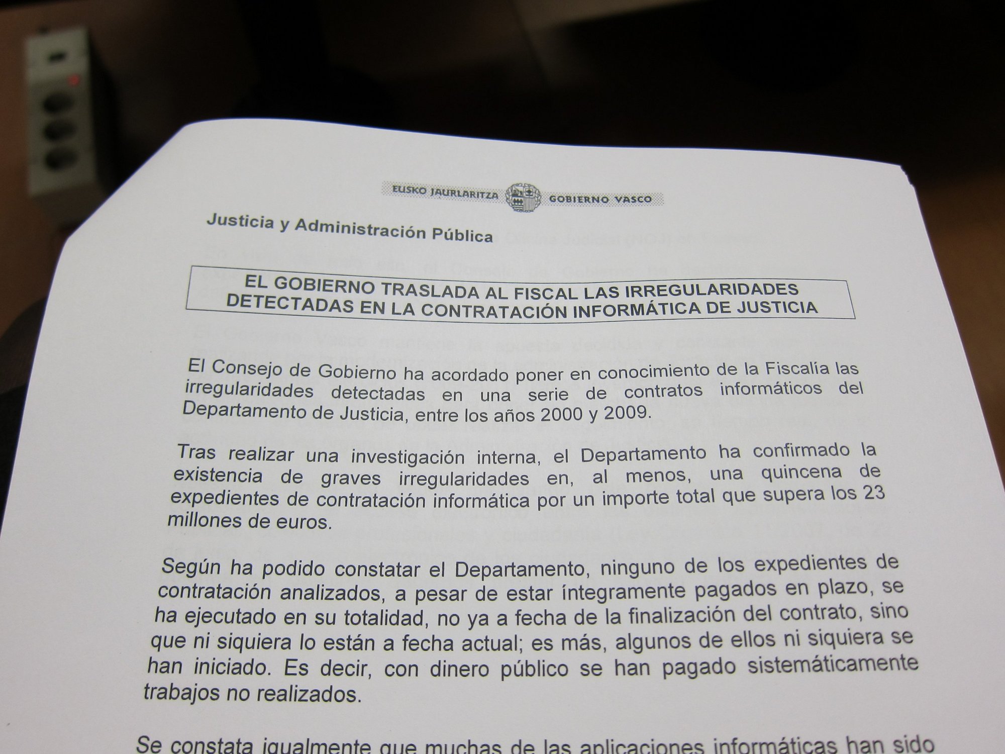El Gobierno vasco remitirá a Fiscalía «irregularidades» en expedientes de contratación