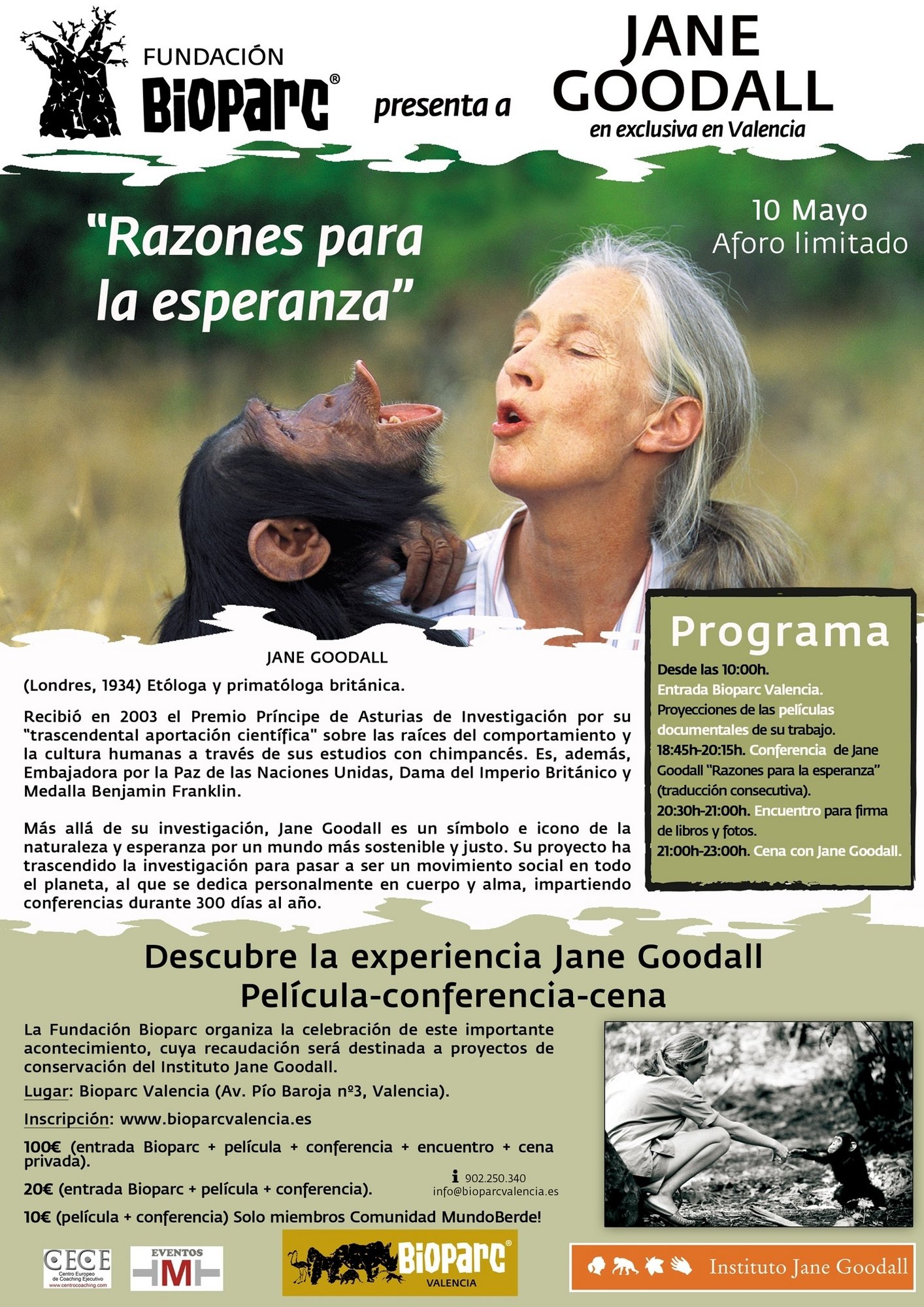 La etóloga Jane Goodall visitará Bioparc, en Valencia, para compartir su experiencia en el estudio de chimpancés