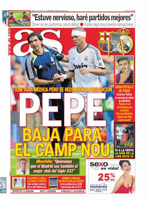 Según As, el jugador madridista Pepe no jugará este jueves contra el Barça
