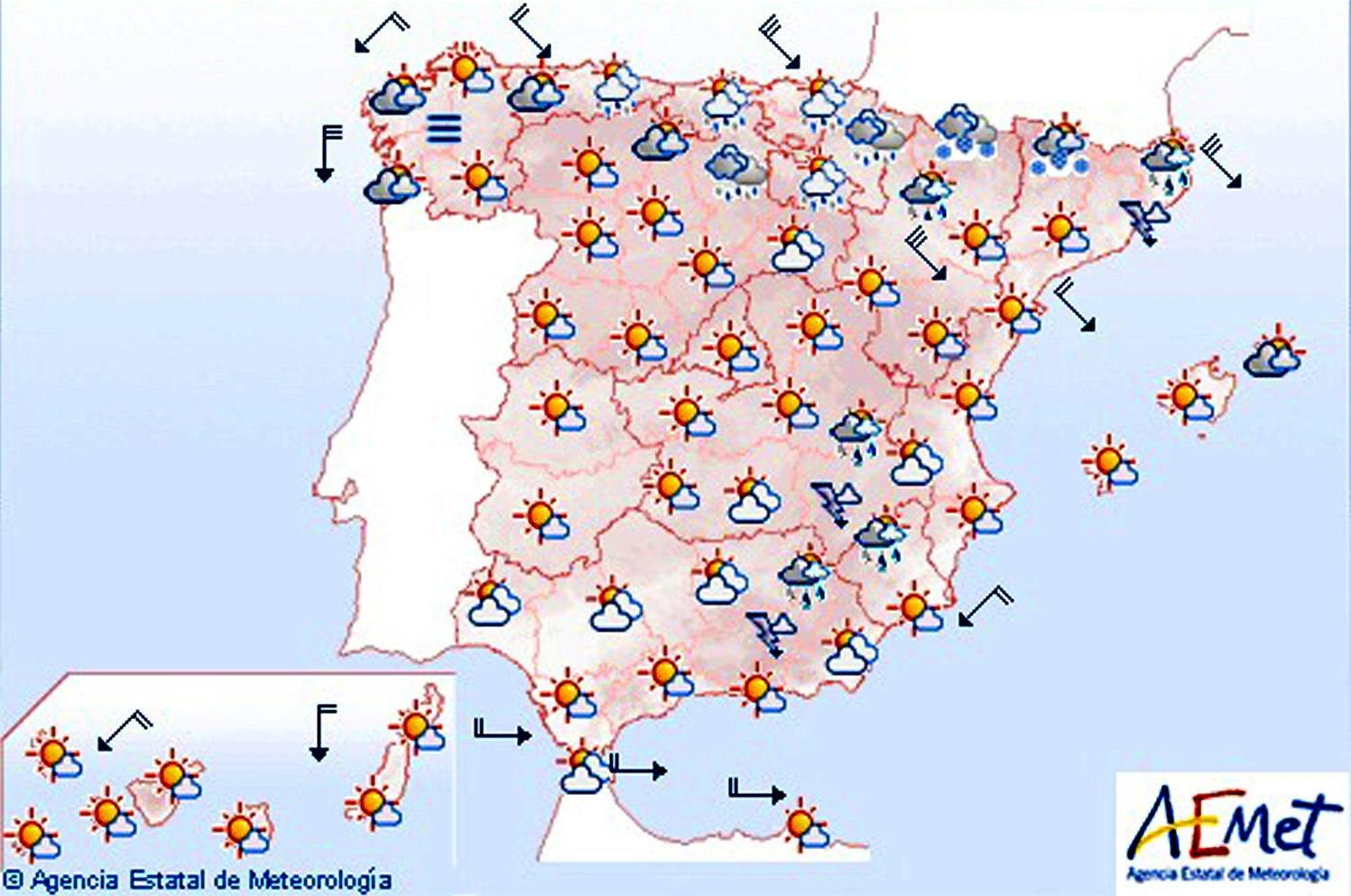 Viento fuerte en el Cantábrico oriental, valle del Ebro y Ampurdán