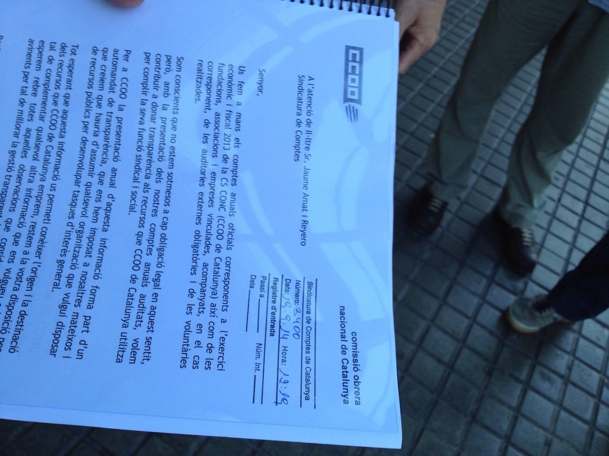 CC.OO de Catalunya registra sus cuentas de 2013 en la Sindicatura de Cuentas y pide más transparencia