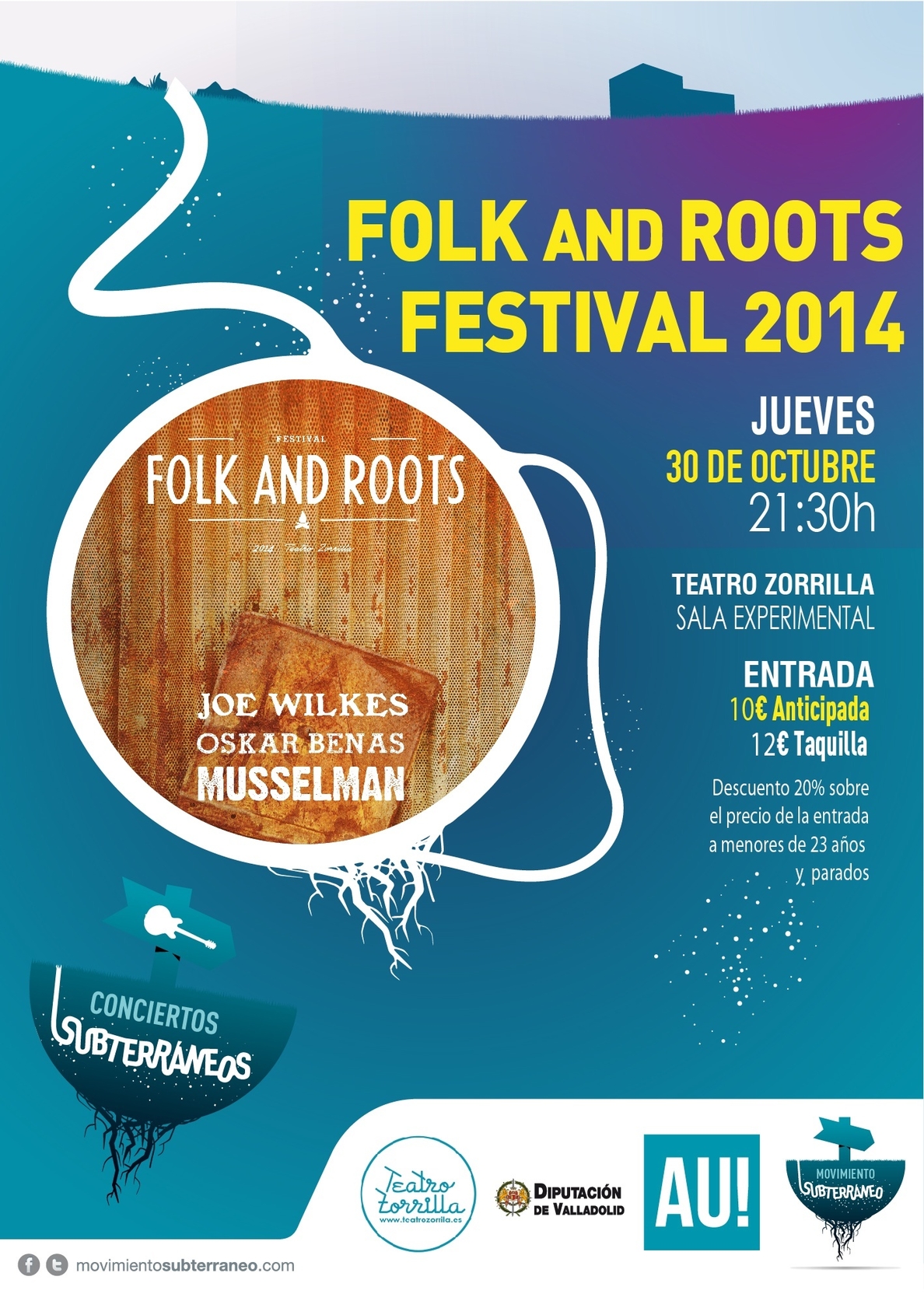 El Teatro Zorrilla, escenario el jueves del Festival »Folk and Roots», con Joe Wilkes, Oscar Benas y Musselman