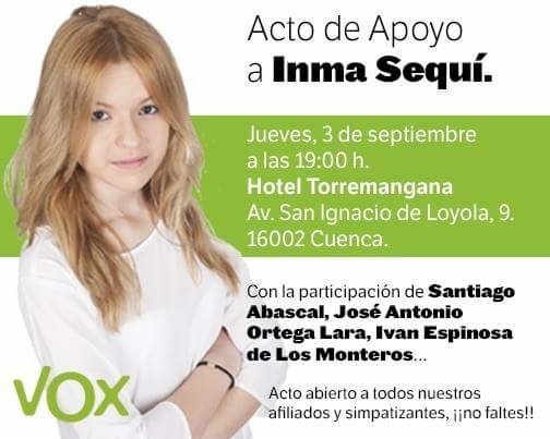 Los líderes nacionales de Vox arroparán este jueves en Cuenca a Inma Sequí, agredida la pasada semana