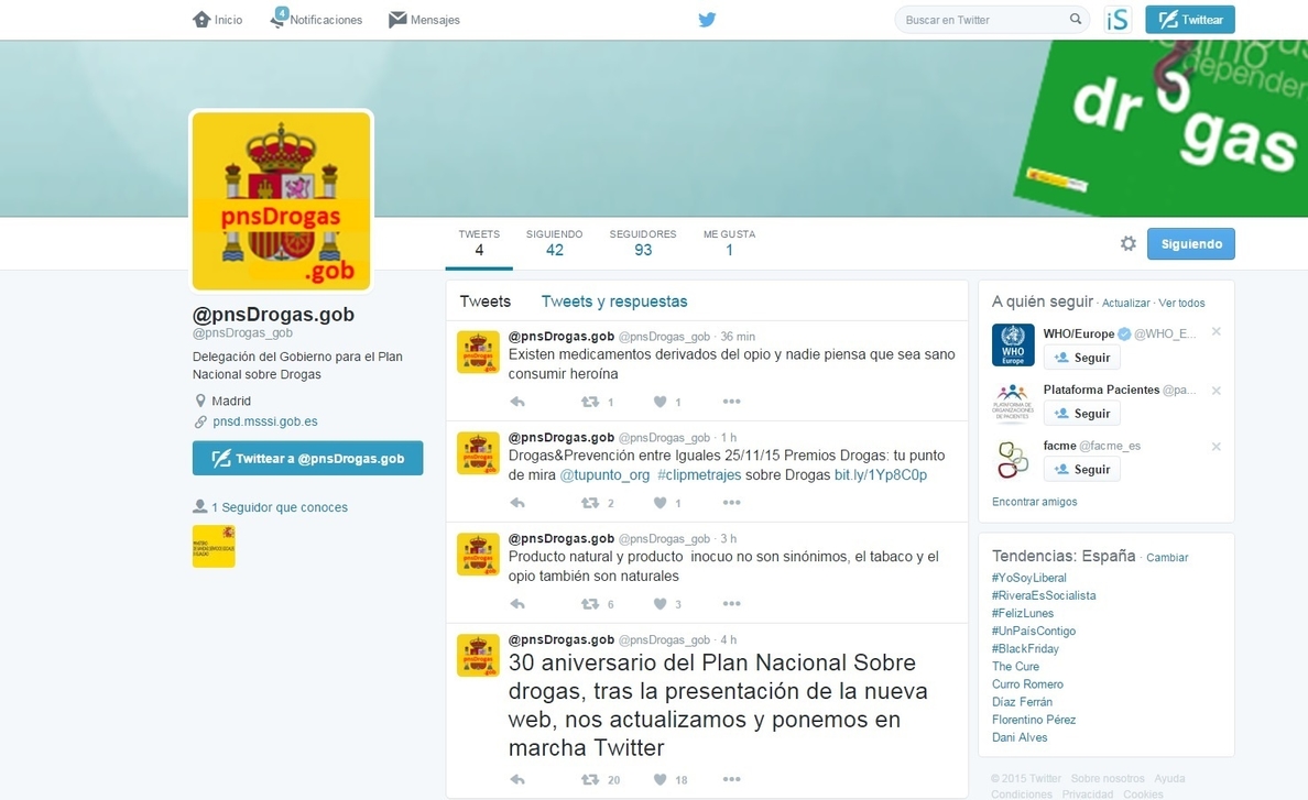 Sanidad lanza una cuenta de twitter para informar sobre el Plan Nacional de Drogas