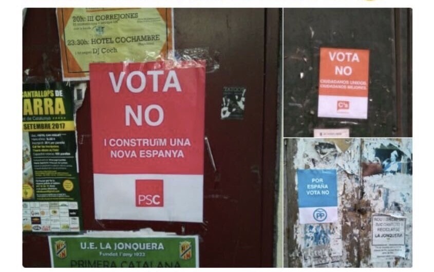 Cuelgan carteles falsos de Cs, PSC y PP a favor del »no» para incentivar la participación