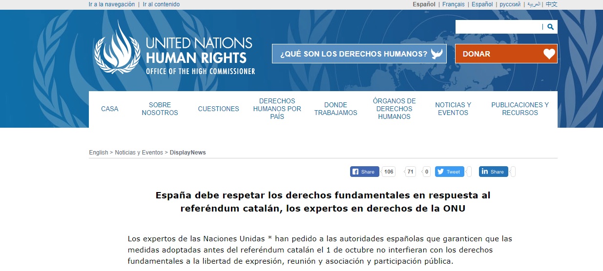 La ONU avisa al Gobierno español de «no interferir» en derechos fundamentales
