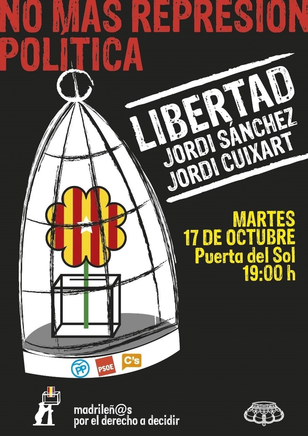Madrileños por el Derecho a Decidir convocan hoy en Sol una concentración por la liberación de Sánchez y Cuixart