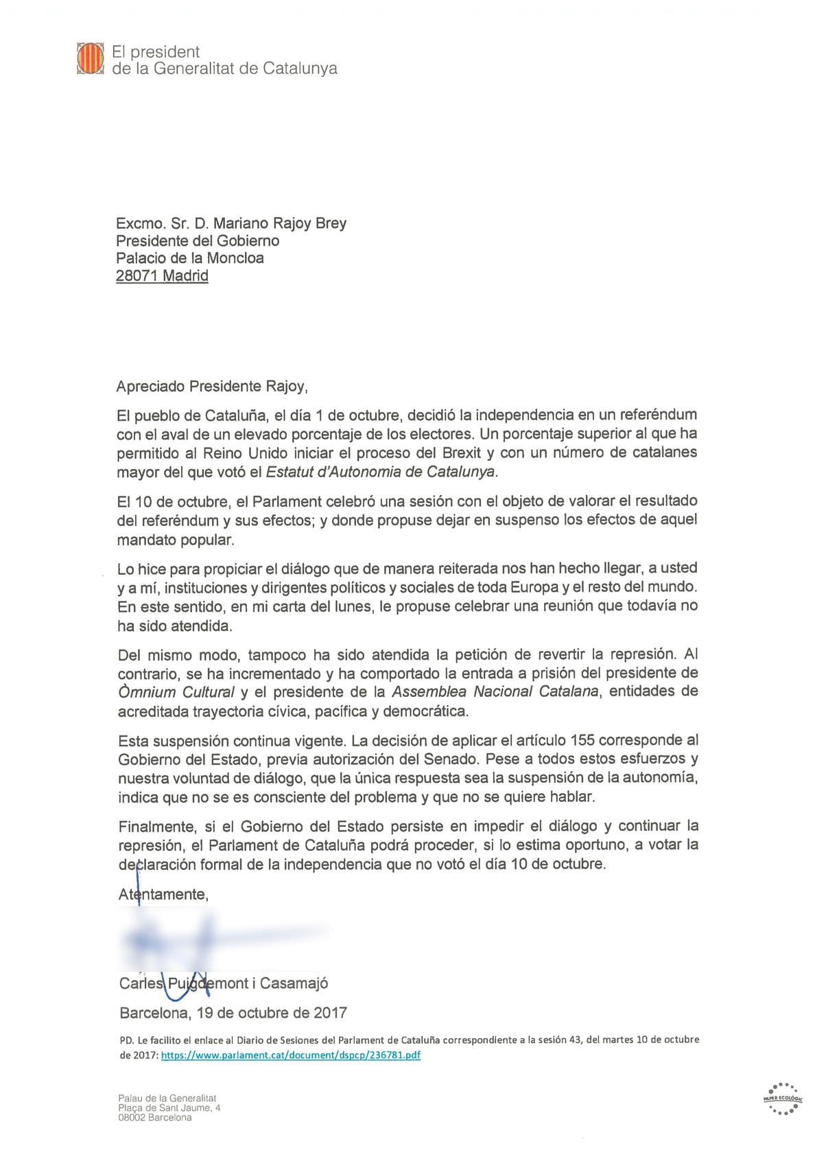 Carta de Carles Puigdemont en respuesta al requerimiento del Gobierno