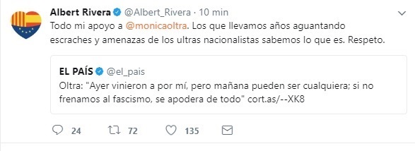 Rivera pide respeto a Oltra: «Los que llevamos años aguantando amenazas de ultras nacionalistas sabemos lo que es»