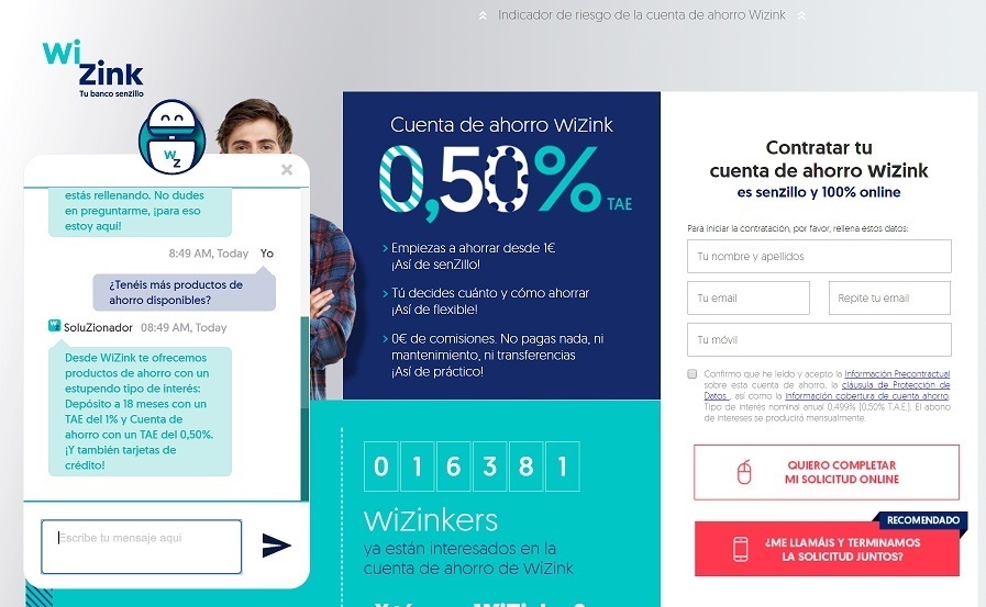 Wizink incorpora un ‘chatbot’ para facilitar el proceso de contratación online de sus productos