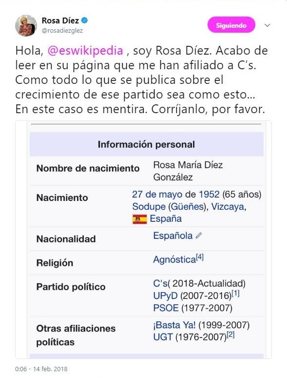 Rosa Díez se queja de que Wikipedia la cite como afiliada de Ciudadanos: «Corríjanlo»