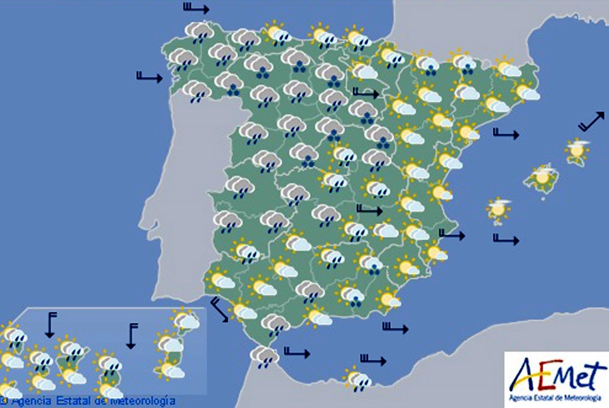 Precipitaciones en la península y viento fuerte en el litoral gallego y Alborán