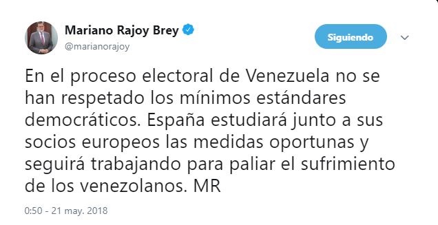 Rajoy, sobre las elecciones en Venezuela: «No se han respetado los mínimos estándares democráticos»