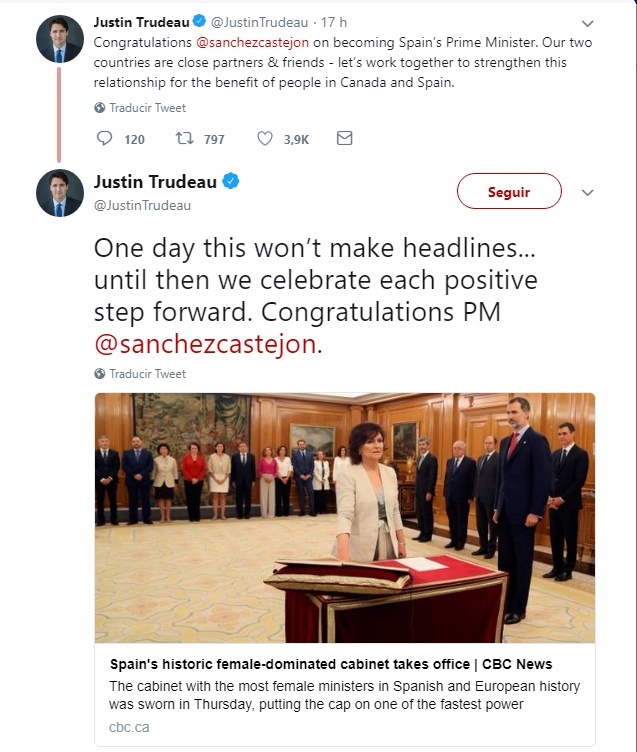 Trudeau felicita a Sánchez por la presencia de mujeres en su Gobierno: «Un día esto no se llevará a los titulares»