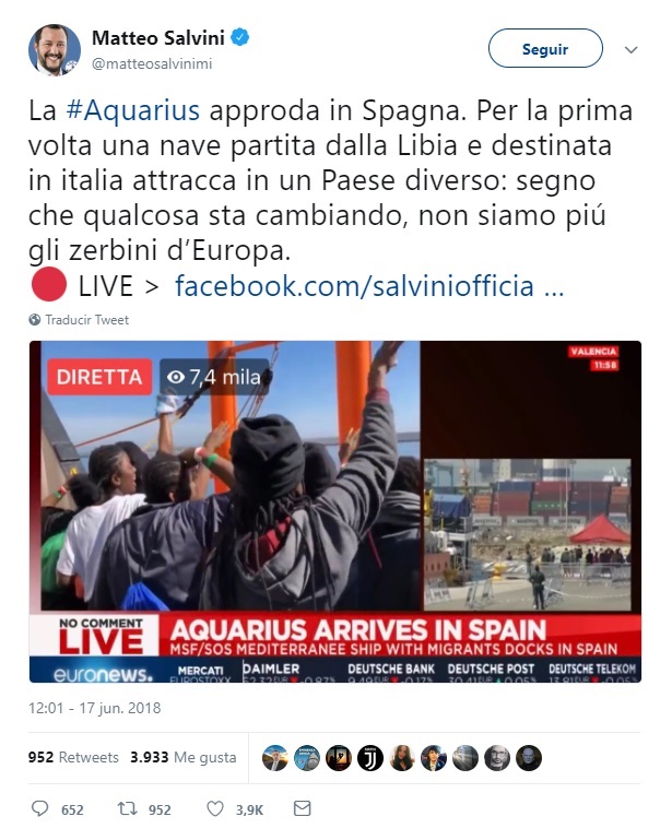 Políticos valencianos dan la bienvenida al Aquarius mientras Salvini celebra que Italia ya no es «el felpudo» de Europa