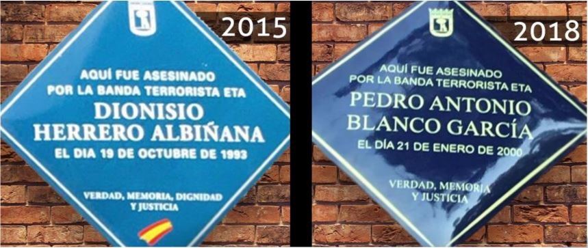 La AVT exige al Ayuntamiento de Madrid recuperar la bandera de España y la palabra »dignidad» en las placas de víctimas