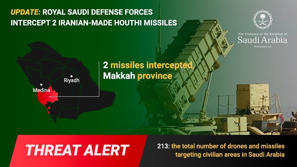 Antiaéreos saudíes interceptan dos misiles huthis en la provincia de La Meca
