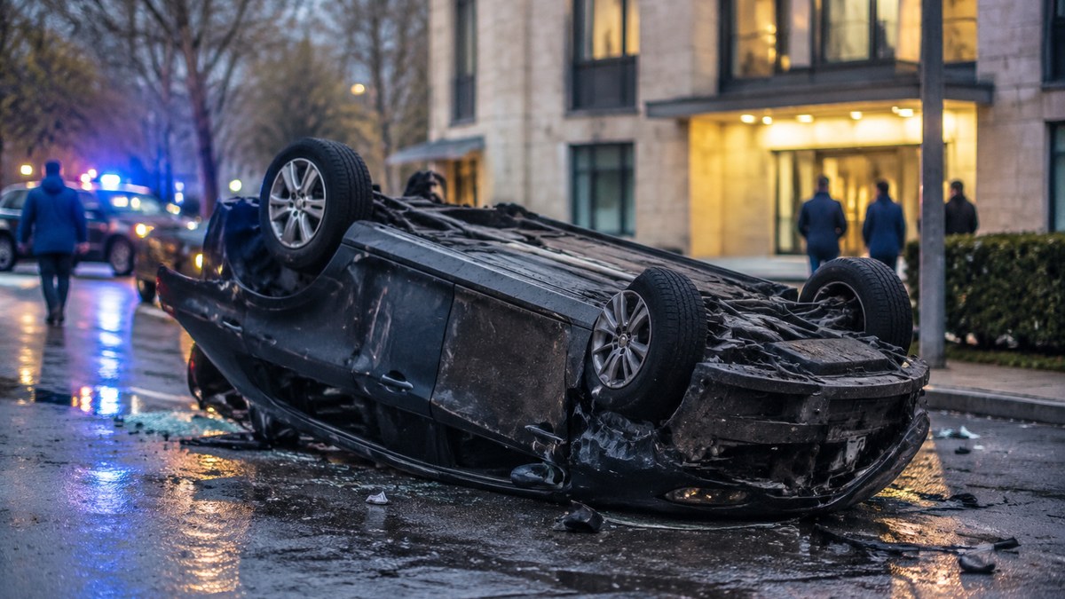 Imagen de una película de suspense con un coche volcado frente a un banco de Madrid