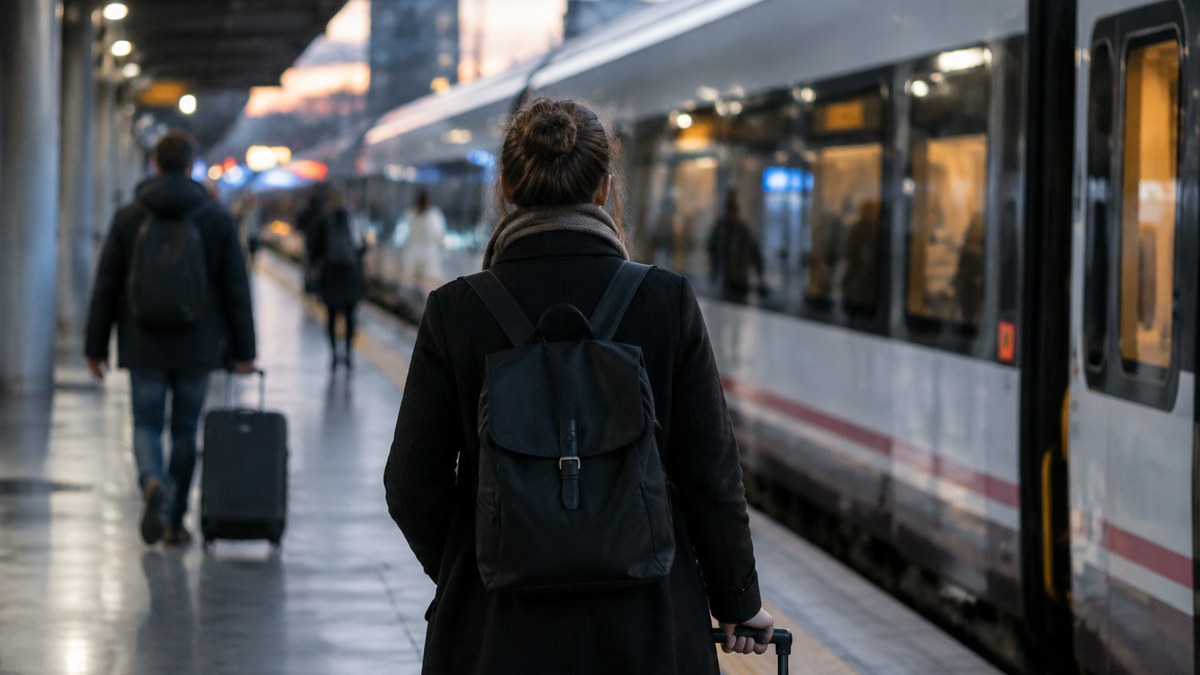 Andén ferroviario con un tren de pasajeros y viajeros anónimos vistos de espaldas
