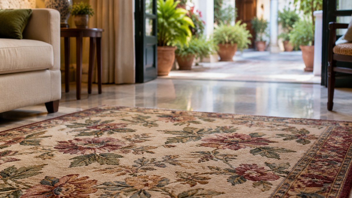 Alfombra de motivos florales en un salón con patio y plantas al fondo
