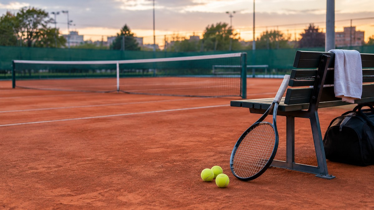 Pista de tenis con una raqueta y pelotas junto al banquillo de entrenamiento