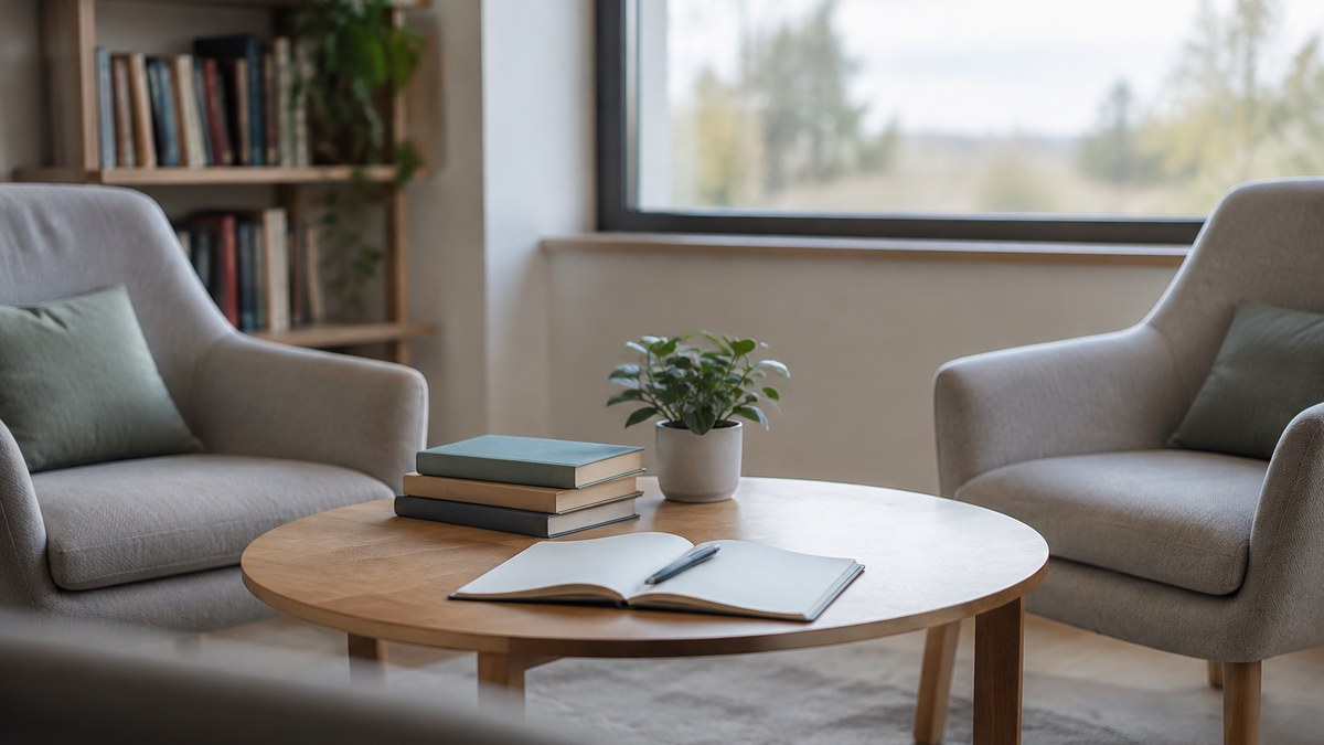 Libros y un cuaderno abierto sobre una mesa en un espacio de consulta.