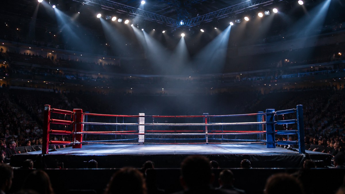 Ring de boxeo vacío con cuerdas y focos en un pabellón