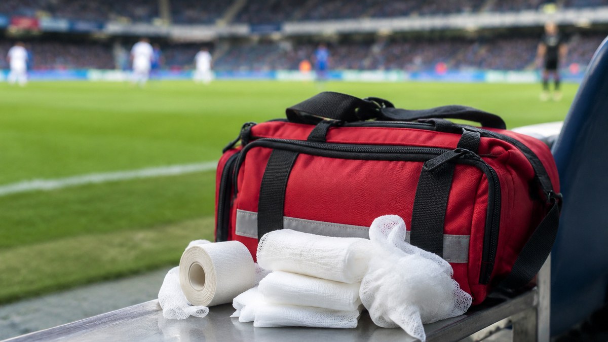 Material médico y gasas junto a la banda de un campo de fútbol durante un partido.