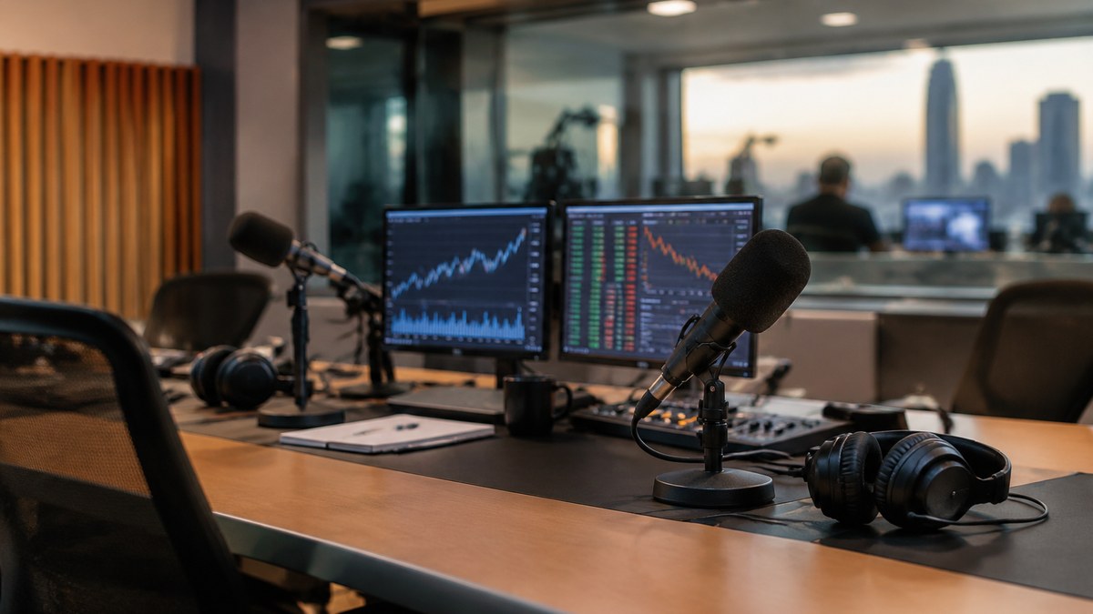 Periodista económica en estudio de radio con micrófono y pantallas de datos financieros